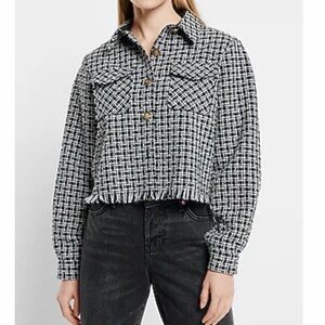 BOUCLE PRINTED FRINGE HEM CROPPED SHACKET